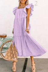 Purple Ruffled Flutter Sleeve Square Neck Textured Tiered Maxi Dress - Femstylo