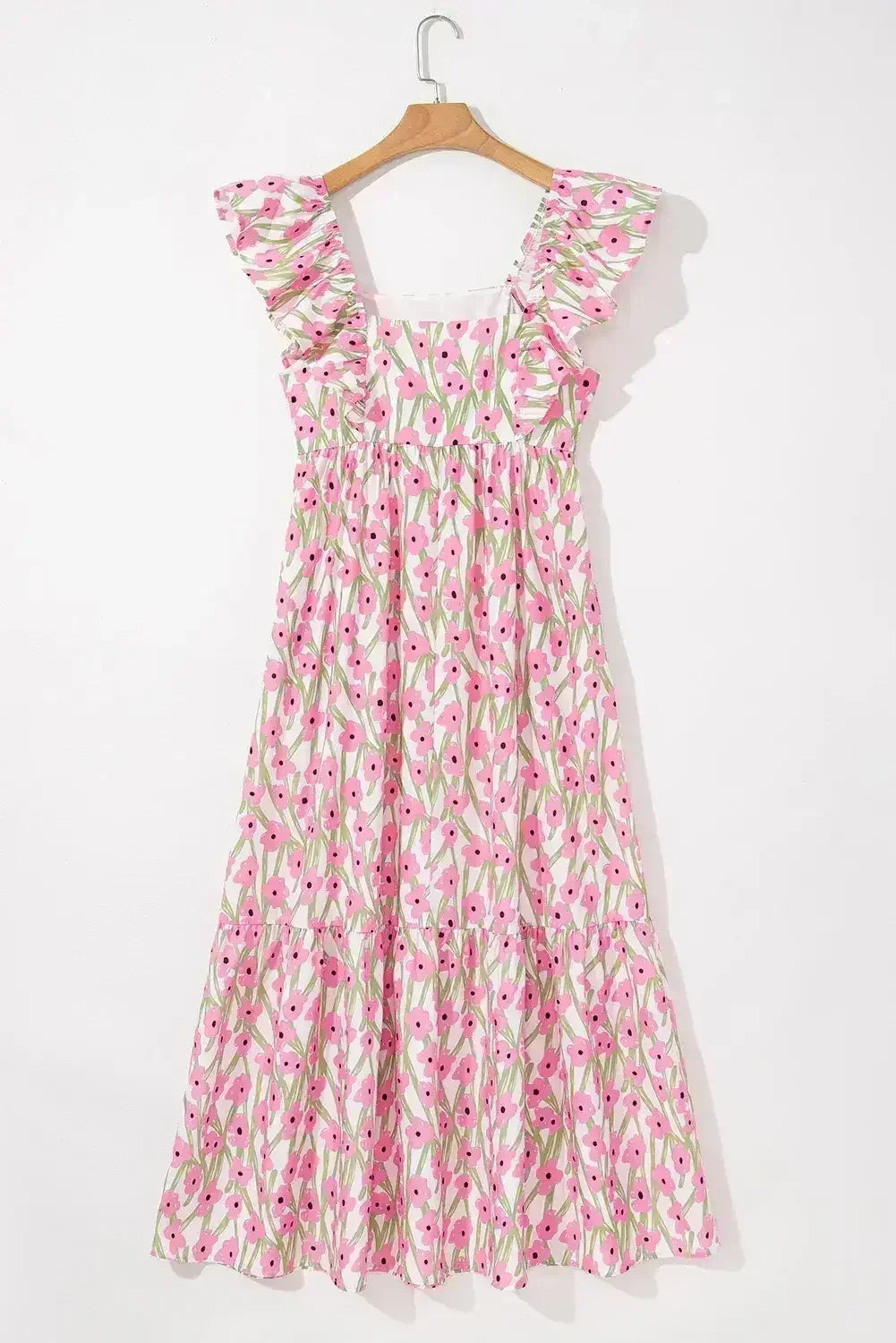 Pink Floral Print Square Neck Ruffled Strap Maxi Dress - Femstylo