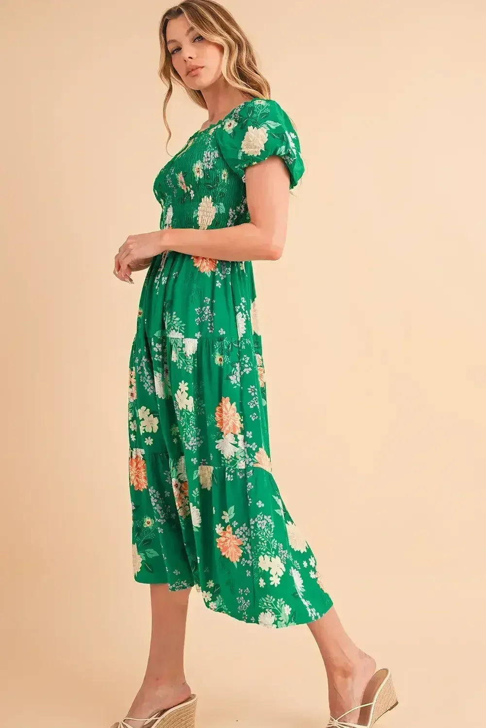 Green Floral Print Bubble Sleeve Smocked Tiered Midi Dress - Femstylo
