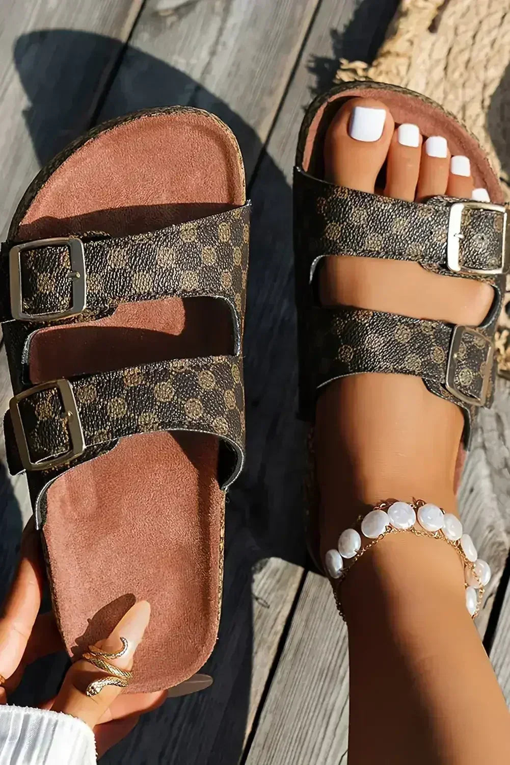 Coffee Vintage Double Buckle Comfortable Slippers - Femstylo