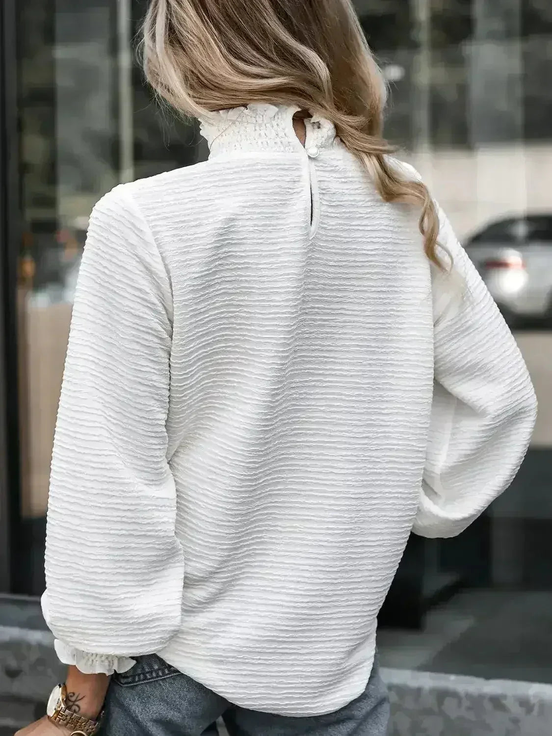Smocked Frill Mock Neck Long Sleeve Blouse - Femstylo