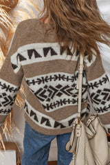 Dark Khaki Ethnic Geometric Pattern Button Front V Neck Cardigan