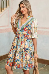 Multicolor Allover Floral Print Tiered Pop of Color Neckline Dress - Femstylo
