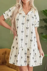 Frill Bow Print Notched Short Sleeve Mini Dress - Femstylo