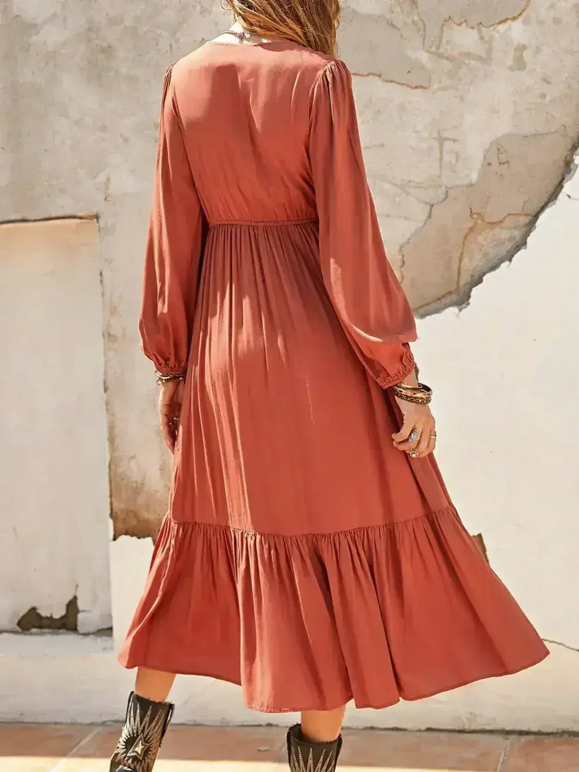 Ruched V-Neck Long Sleeve Midi Dress - Femstylo