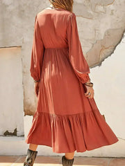 Ruched V-Neck Long Sleeve Midi Dress - Femstylo