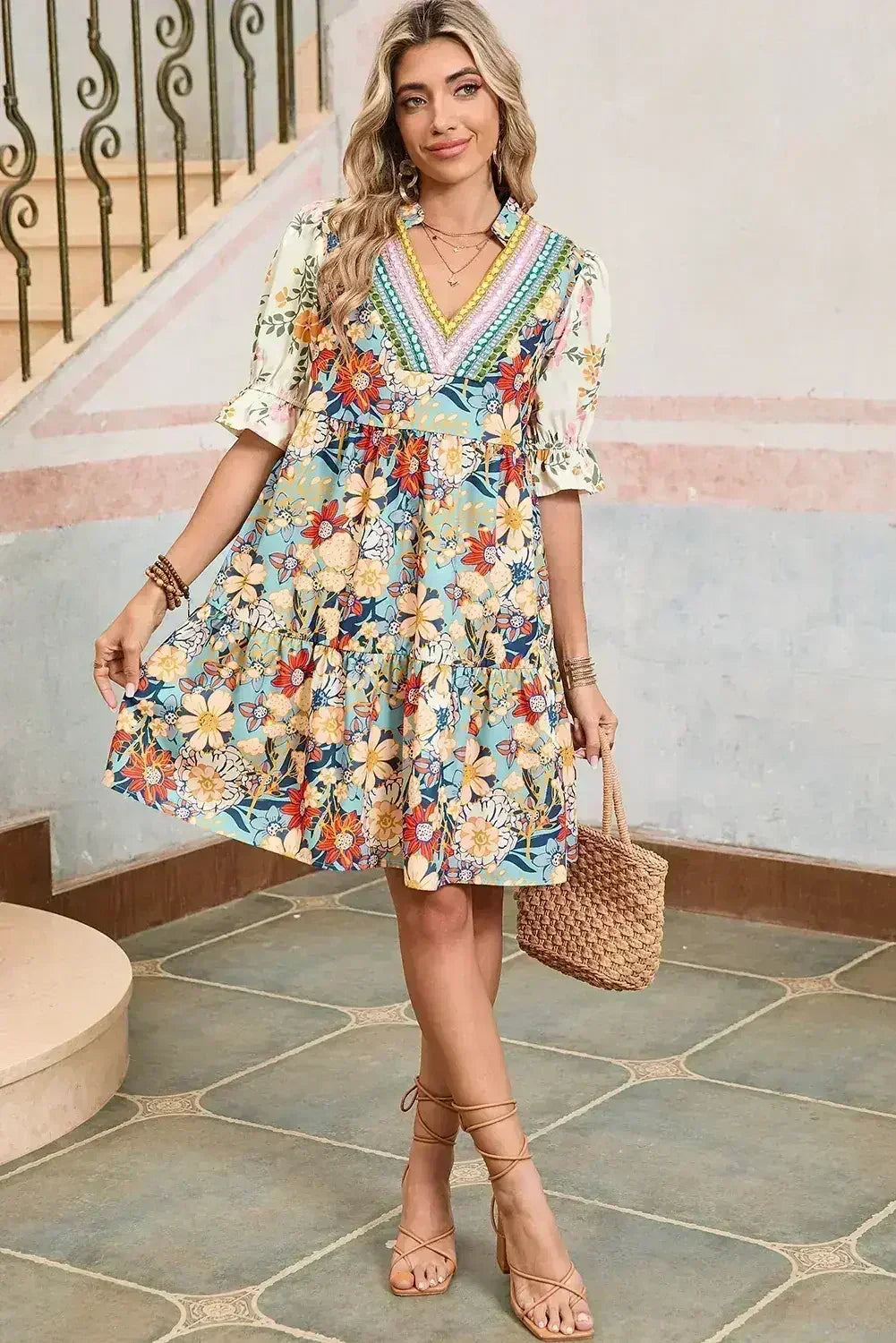 Multicolor Allover Floral Print Tiered Pop of Color Neckline Dress - Femstylo