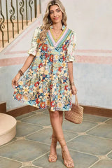Multicolor Allover Floral Print Tiered Pop of Color Neckline Dress - Femstylo