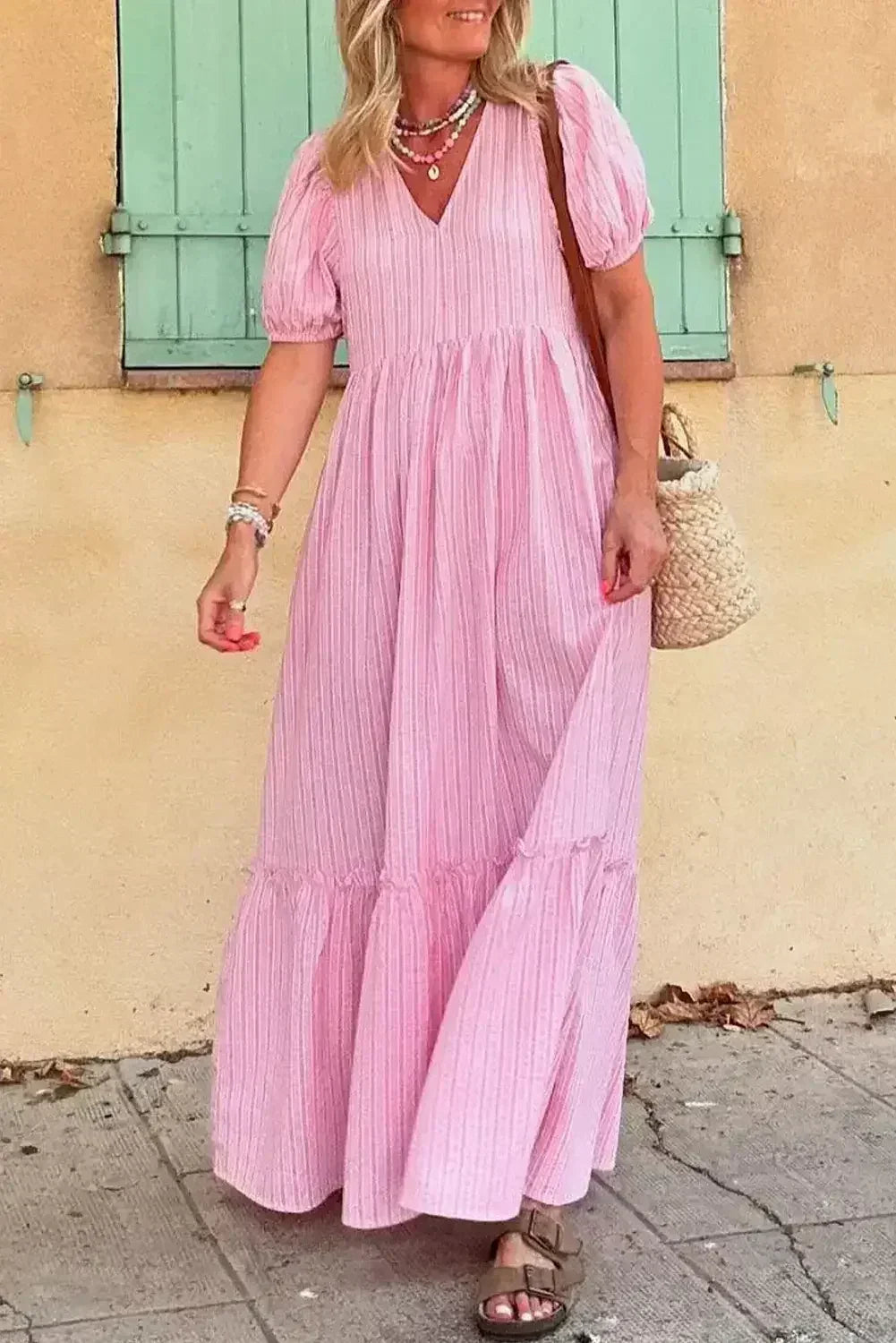 Pink Striped V Neck Puff Sleeve Frill Tiered Maxi Dress - Femstylo