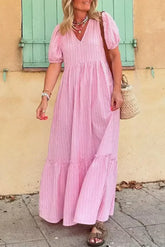 Pink Striped V Neck Puff Sleeve Frill Tiered Maxi Dress - Femstylo