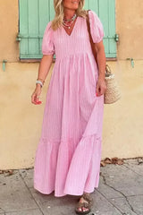 Pink Striped V Neck Puff Sleeve Frill Tiered Maxi Dress - Femstylo