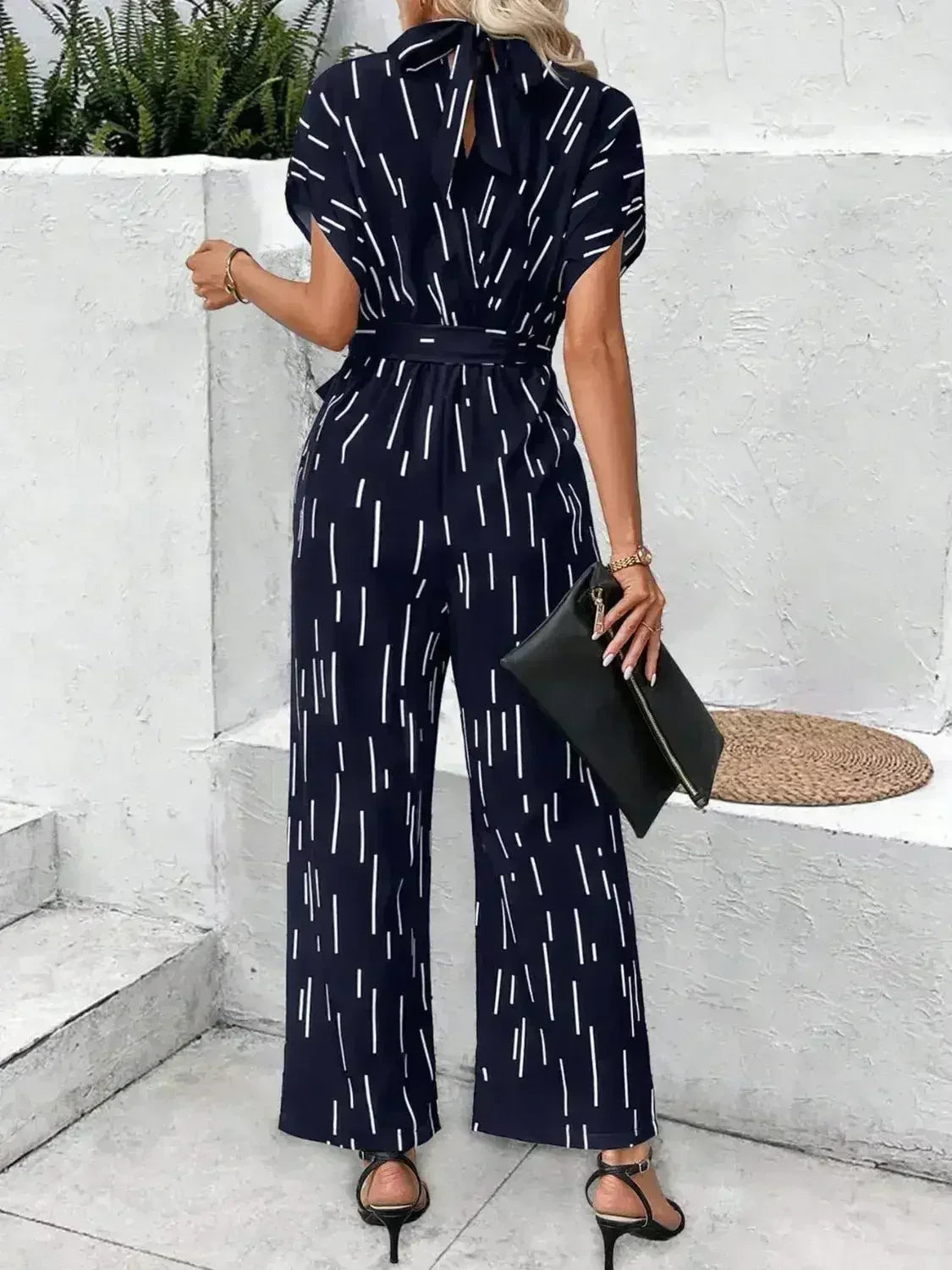 Tied Printed Mock Neck Wide Leg Jumpsuit - Femstylo
