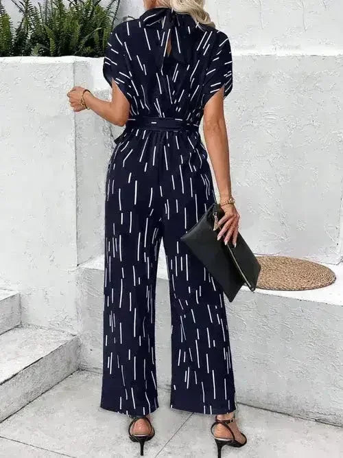 Tied Printed Mock Neck Wide Leg Jumpsuit - Femstylo