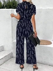 Tied Printed Mock Neck Wide Leg Jumpsuit - Femstylo