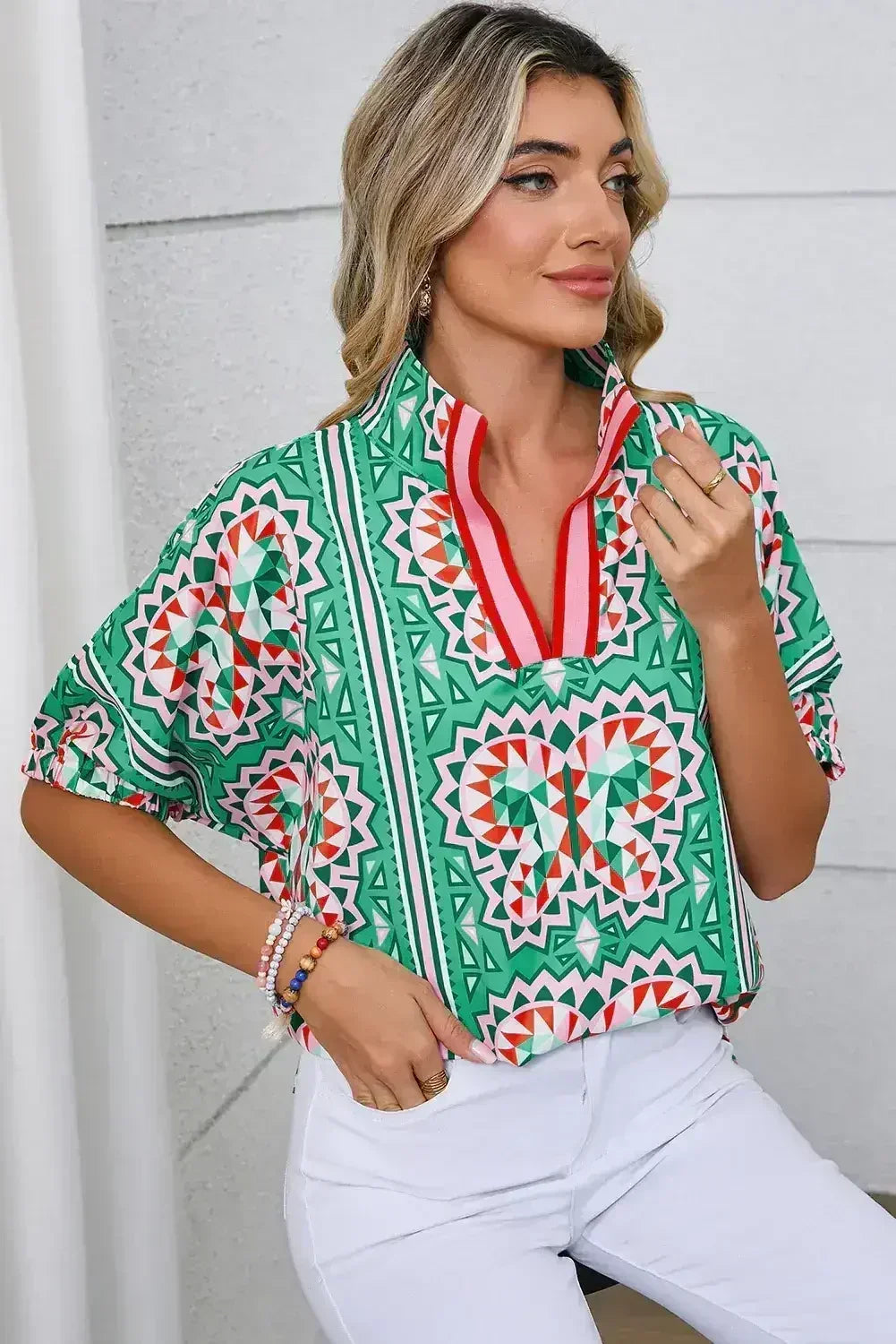 Sea Green Boho Geometric Print Color Neckline Blouse | Femstylo - Femstylo