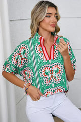 Sea Green Boho Geometric Print Color Neckline Blouse | Femstylo - Femstylo