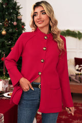Fiery Red Solid Color Mock Collar Loose Jacket