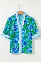 Bright Green Floral Print Ruffle Puff Sleeve Pop of Color Neckline Blouse