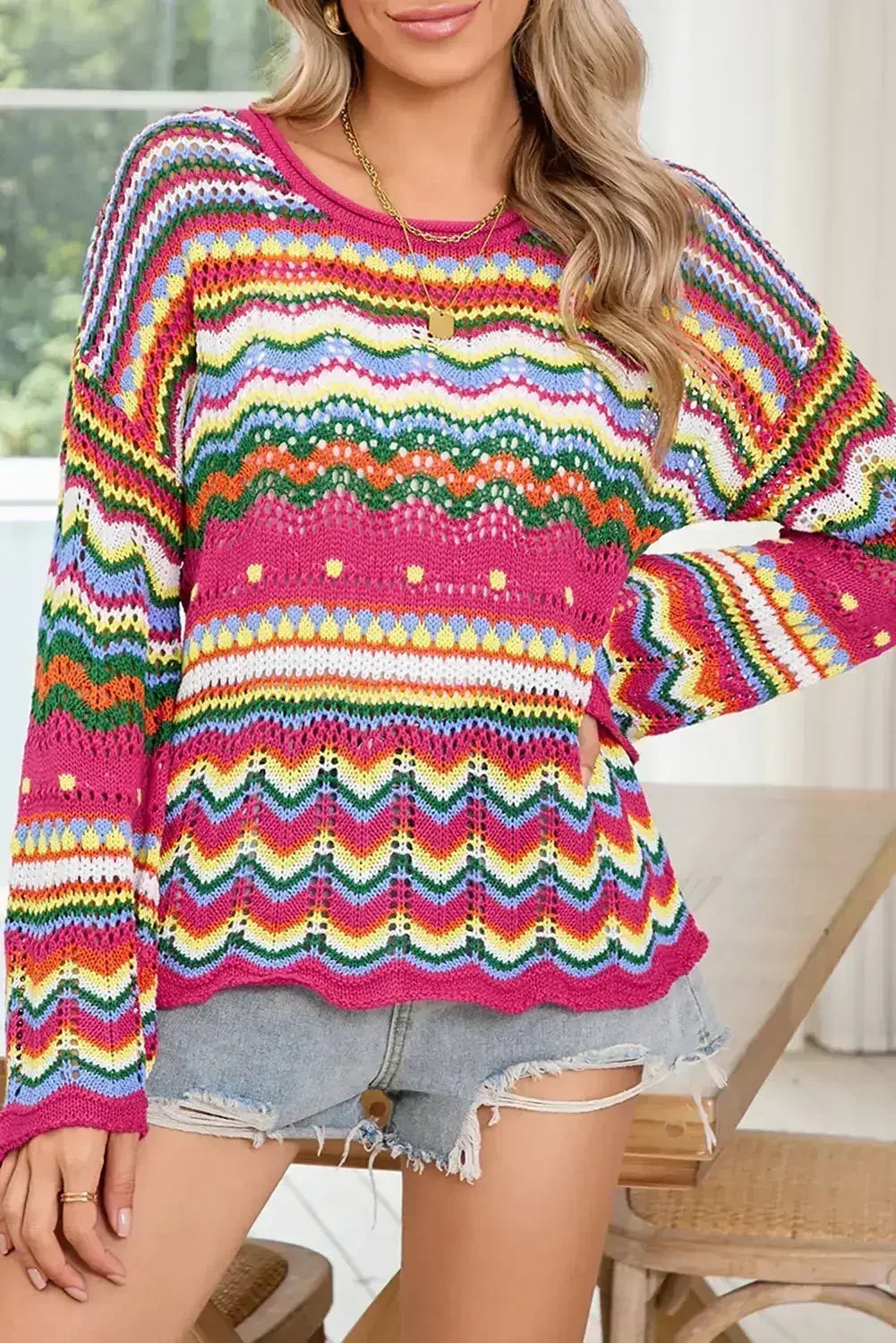 Rose Red Colorblock Striped Hollowed Knit Loose Sweater - Femstylo