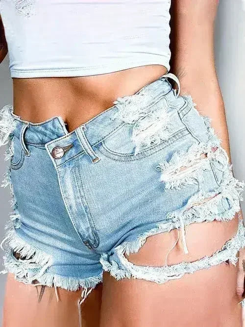 Distressed Raw Hem Denim Shorts with Pockets - Femstylo