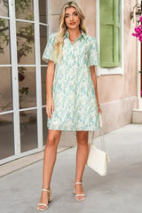 Green Floral Half Button Short Sleeve Mini Dress - Femstylo