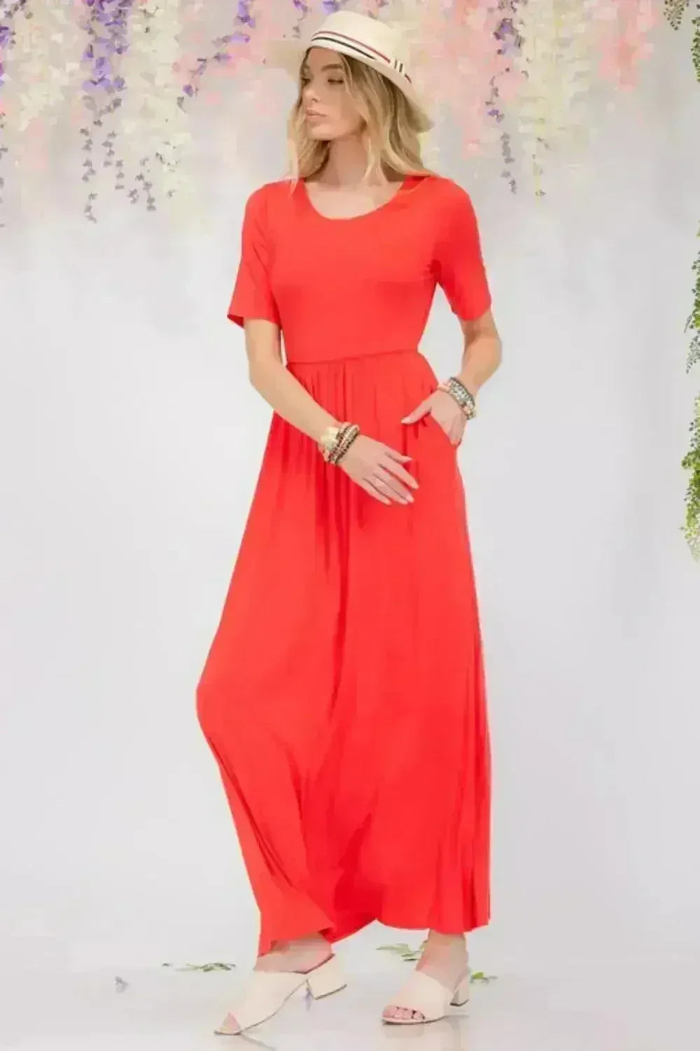 Celeste Full Size Round Neck Short Sleeve Maxi Dress with Pockets Plus - Femstylo