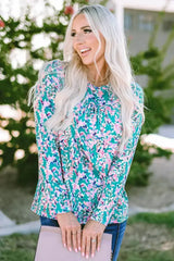 Green Floral Pleated Blouse - Relaxed Long Sleeve Top | Femstylo - Femstylo
