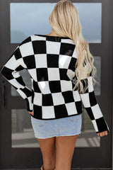 Black Checked Notched Neckline Drop Shoulder Knit Sweater