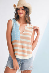Beige USA Flag Notched Neckline Loose Knit Vest