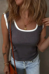 Smoke Gray Ribbed Knit Contrast Edge U Neck Slim Fit Tank Top - Femstylo