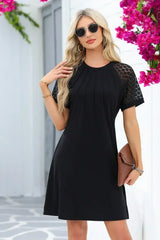 Navy Blue Contrast Lace Raglan Sleeve Pleated Mini Dress - Femstylo