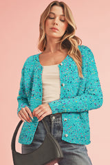 Aruba Blue Confetti Knit Button Cardigan