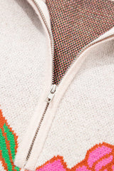 Khaki Contrast Trim Floral Pattern Quarter Zip Stand Neck Sweater