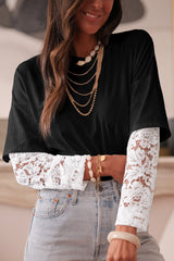 Black Fake Two-Piece Lace Long Sleeve Drop Shoulder Tee