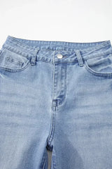 Sail Blue Mineral Wash Raw Hem High Waist Flared Jeans - Femstylo