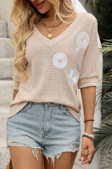 Jet Stream Flower Embroidered Waffle Knit T Shirt