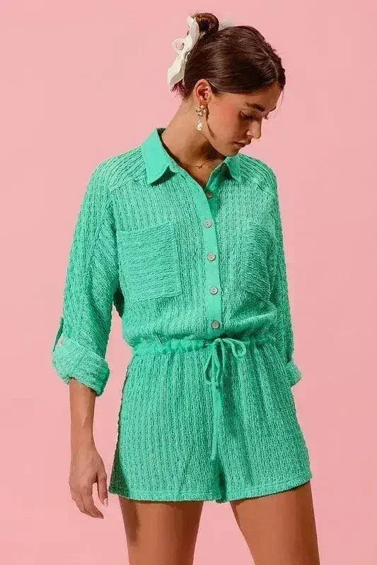 SO ME Textured Knit Button Front Romper - Femstylo