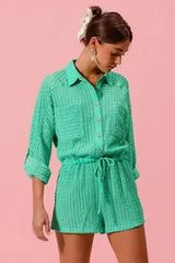 SO ME Textured Knit Button Front Romper - Femstylo