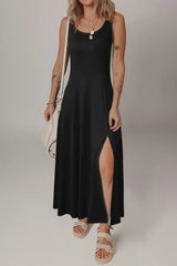 Black Sleeveless Scoop Neck Flared Split Midi Dress - Femstylo