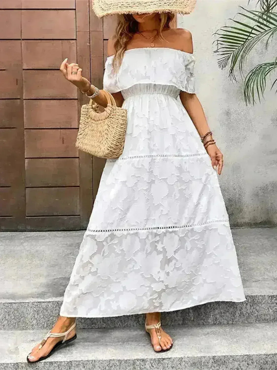Off-Shoulder Short Sleeve Maxi Dress - Femstylo