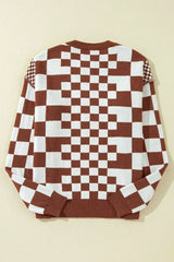 Brown Checkered Print Drop Shoulder Round Neck Sweater - Femstylo