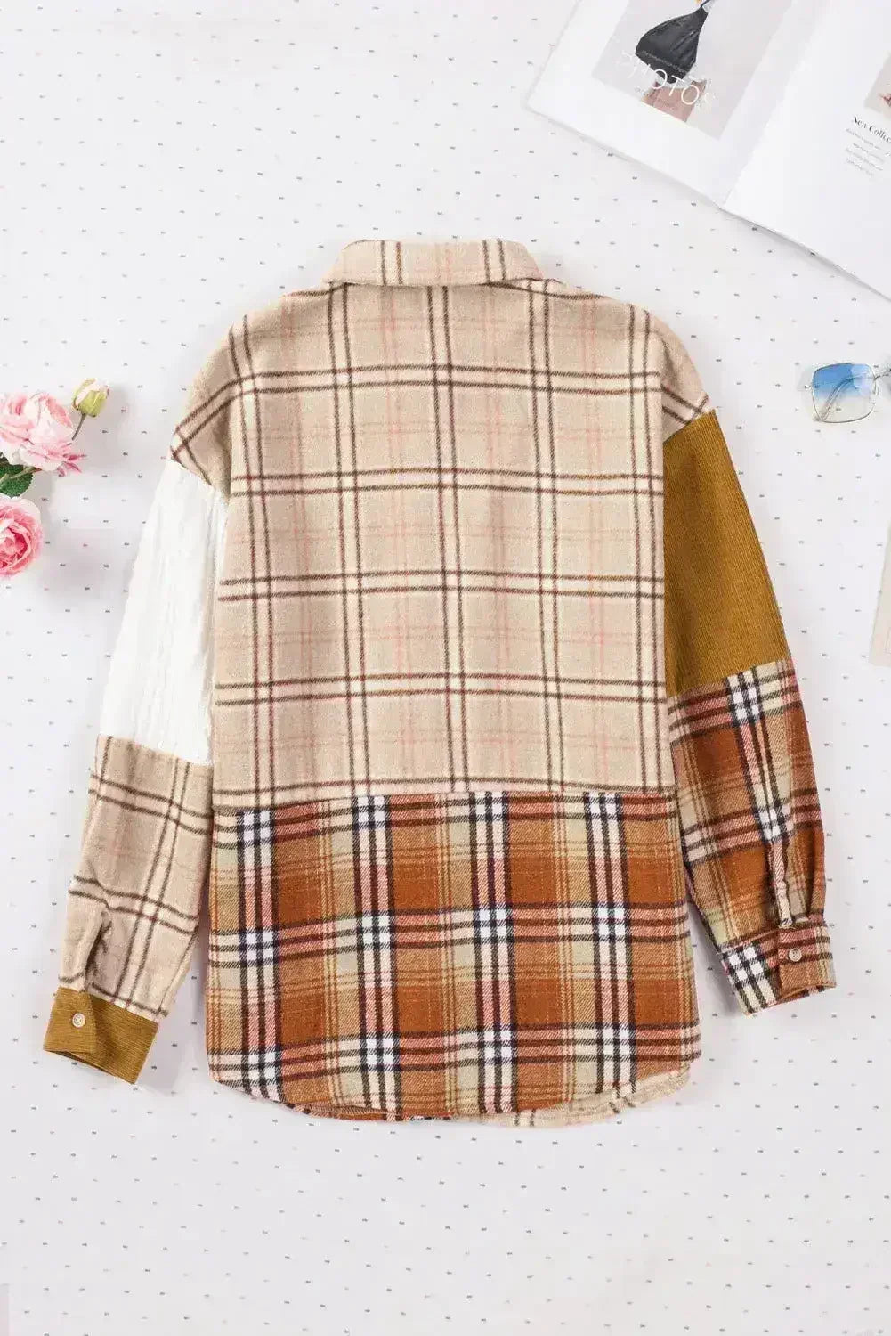 Plaid Color Block Patchwork Shirt Jacket with Pocket - Femstylo