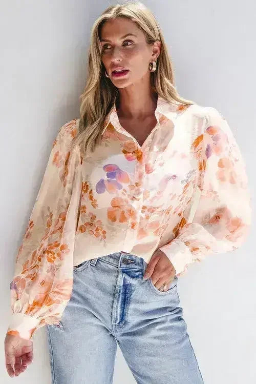 White Balloon Sleeve Floral Shirt - Loose Fit Blouse | Femstylo - Femstylo