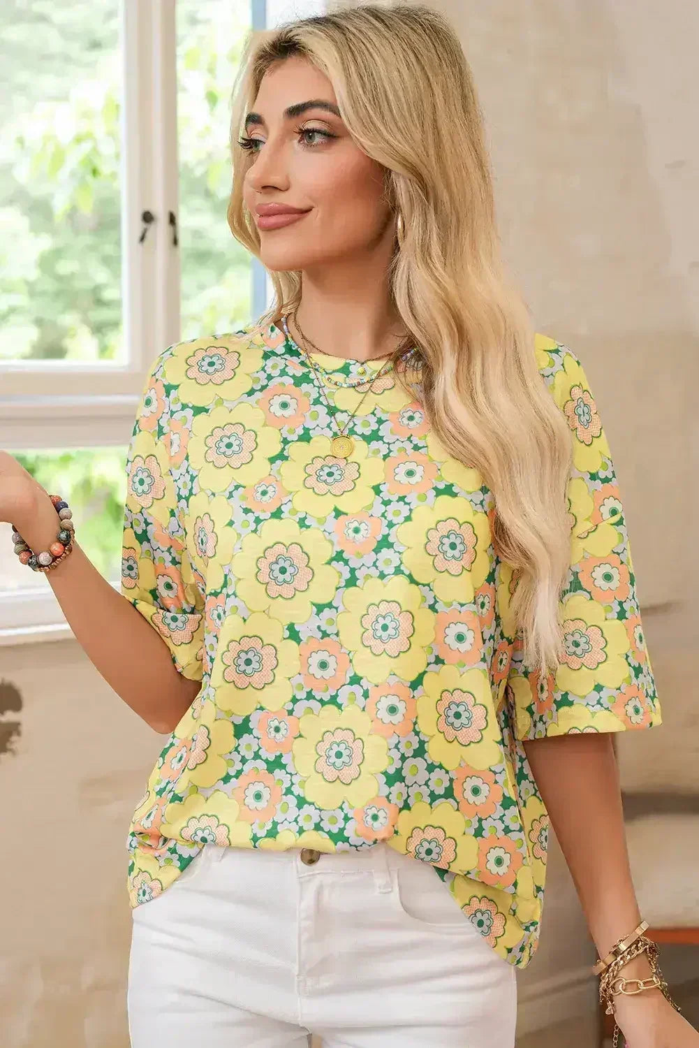 Yellow Summer Flower Print Drop Shoulder Loose T Shirt - Femstylo