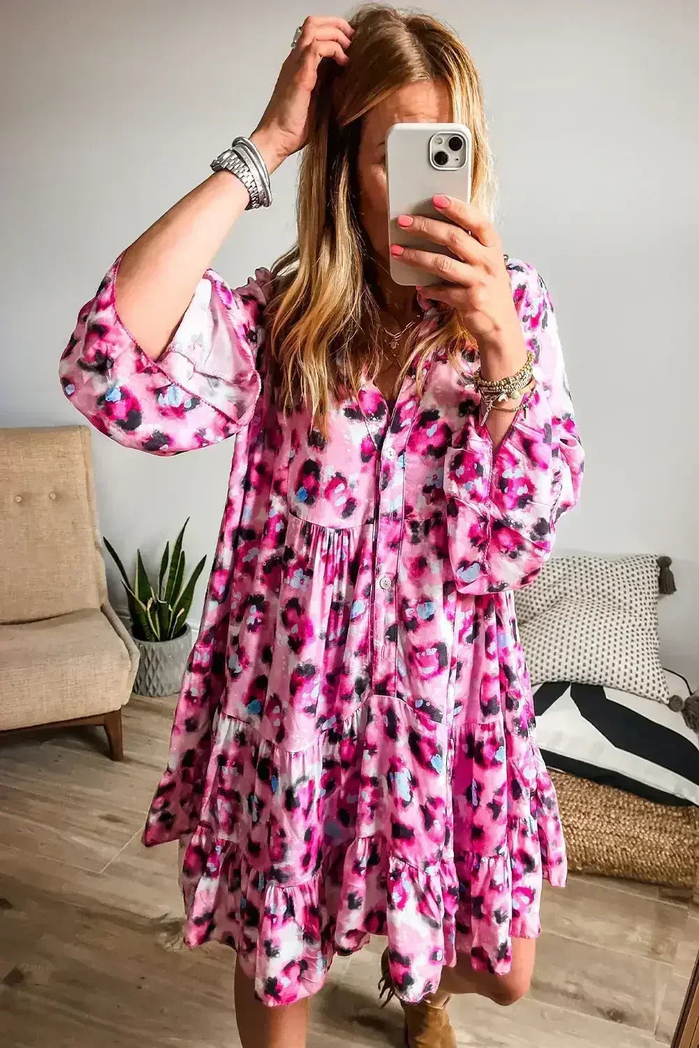 Black Leopard Button V Neck Flowy Mini Dress - Femstylo