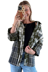 Black Plaid Print Textured Knit Buttoned Shacket