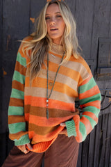 Orange Striped Colorblock High Neck Drop Shoulder Cozy Sweater