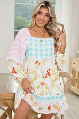 Pink Boho Floral and Plaid Patchwork Ricrac Lantern Sleeve Dress - Femstylo
