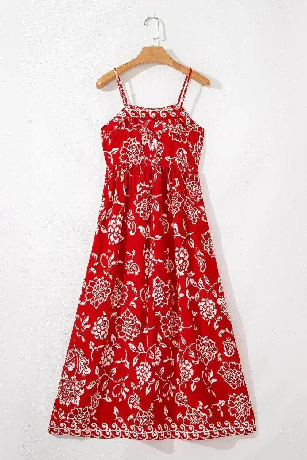 Red Floral Print Spaghetti Strap Empire Waist Maxi Dress - Femstylo
