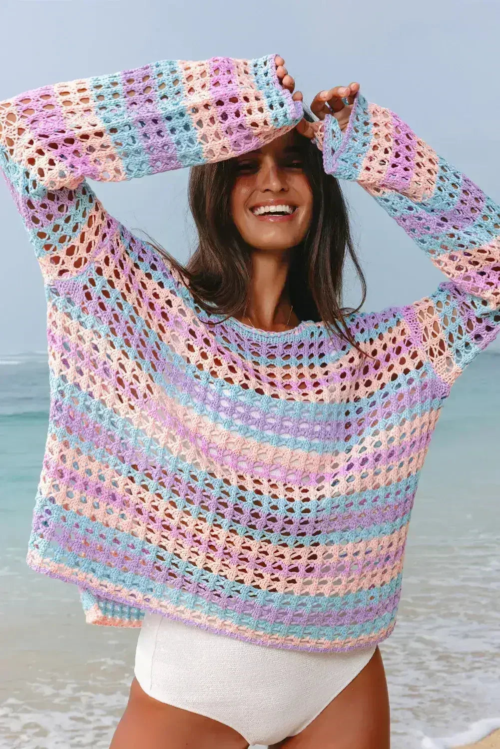 Purple Striped Hollow Knit Summer Beach Cover Up - Femstylo
